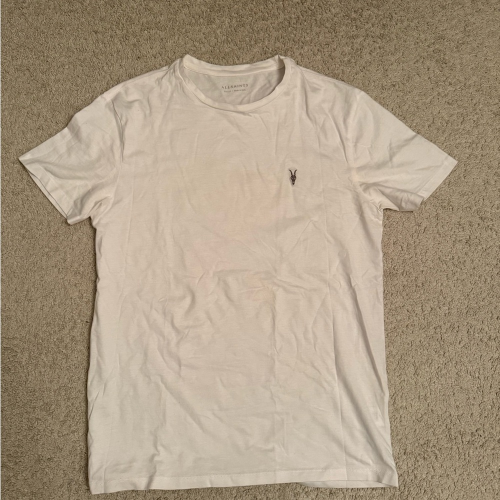All Saints Men’s Short Sleeve Crewneck T-Shirt in White with Embroidered Logo